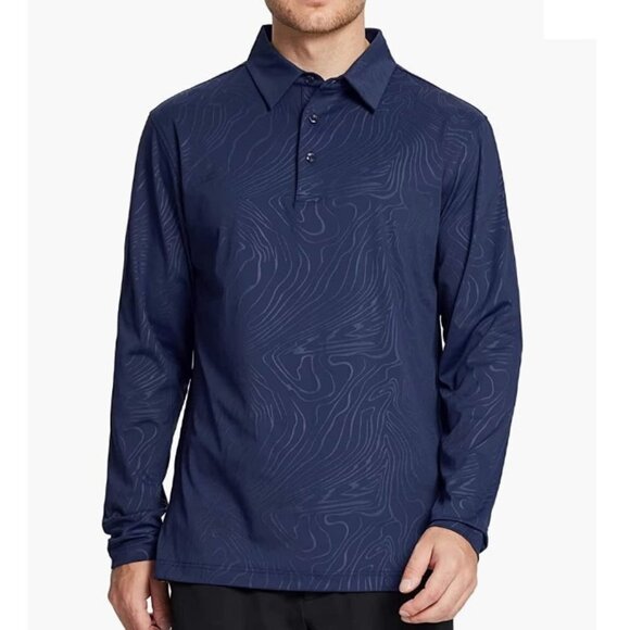 Golf Shirt Long Sleeve Casual Performance Dry Fit Embossed Polo Shirt, Blue XL - Picture 2 of 8
